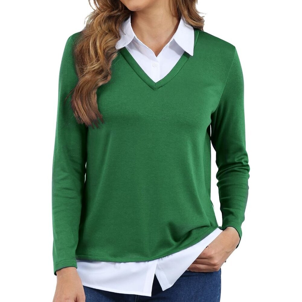Women's Lightweight Oversized V-Neck Sweater Shirt 2-In-1 Casual Fall Winter